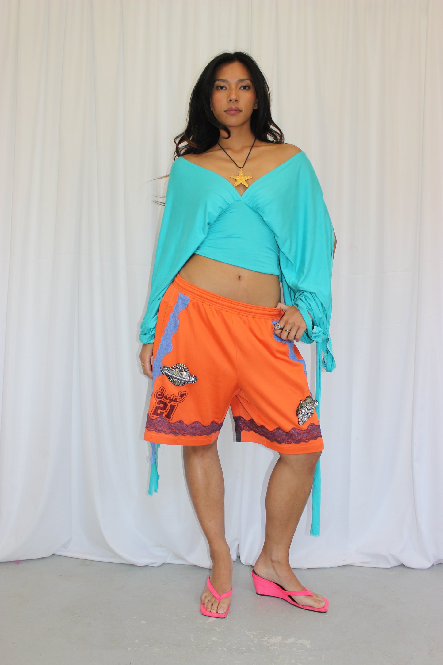 Orange Shorts with Blue Lace