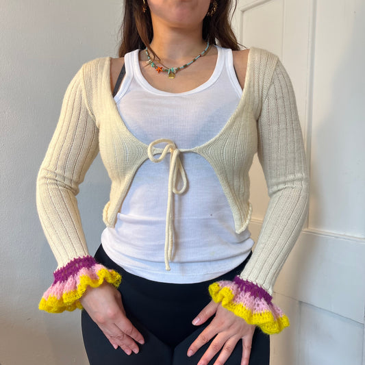 Knit Cardigan with Flower Crochet Trims