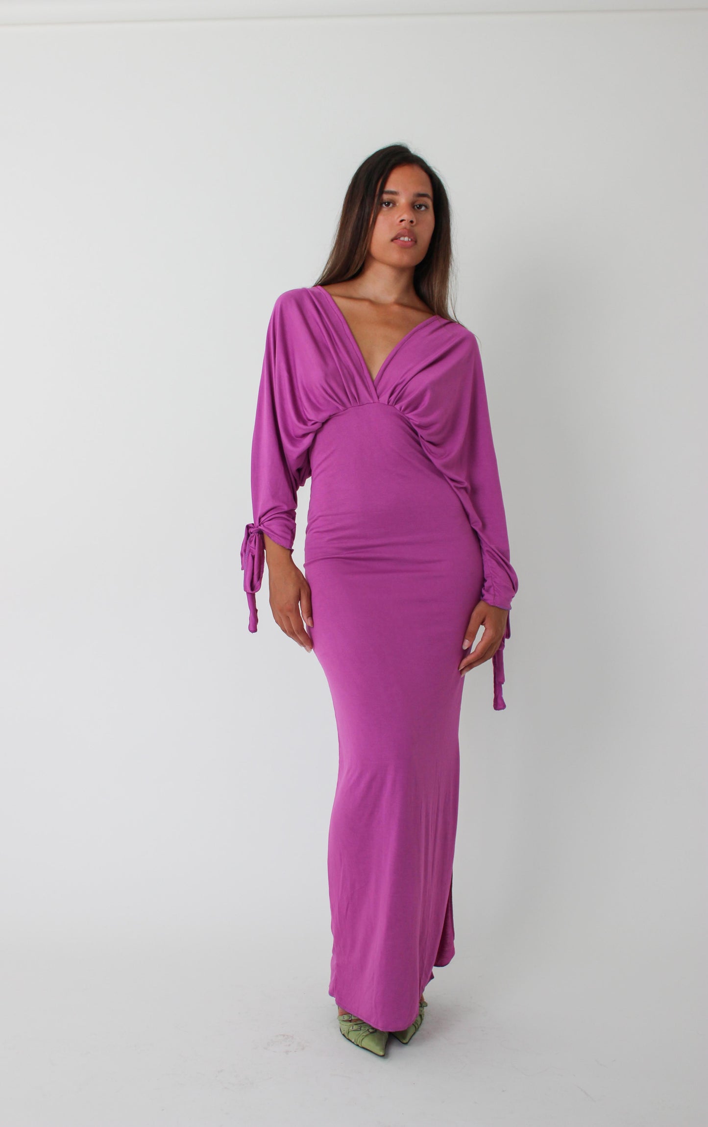 Purple Long-sleeve Drape Maxi Dress