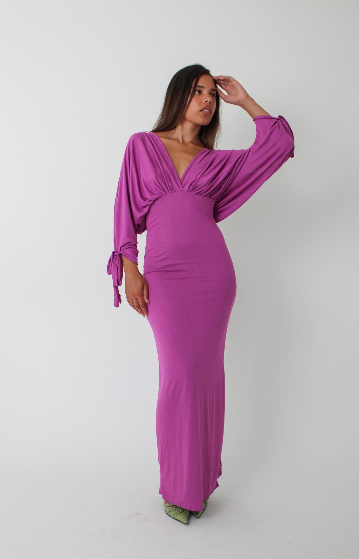 Purple Long-sleeve Drape Maxi Dress
