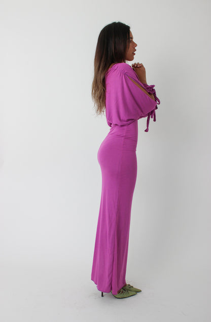 Purple Long-sleeve Drape Maxi Dress