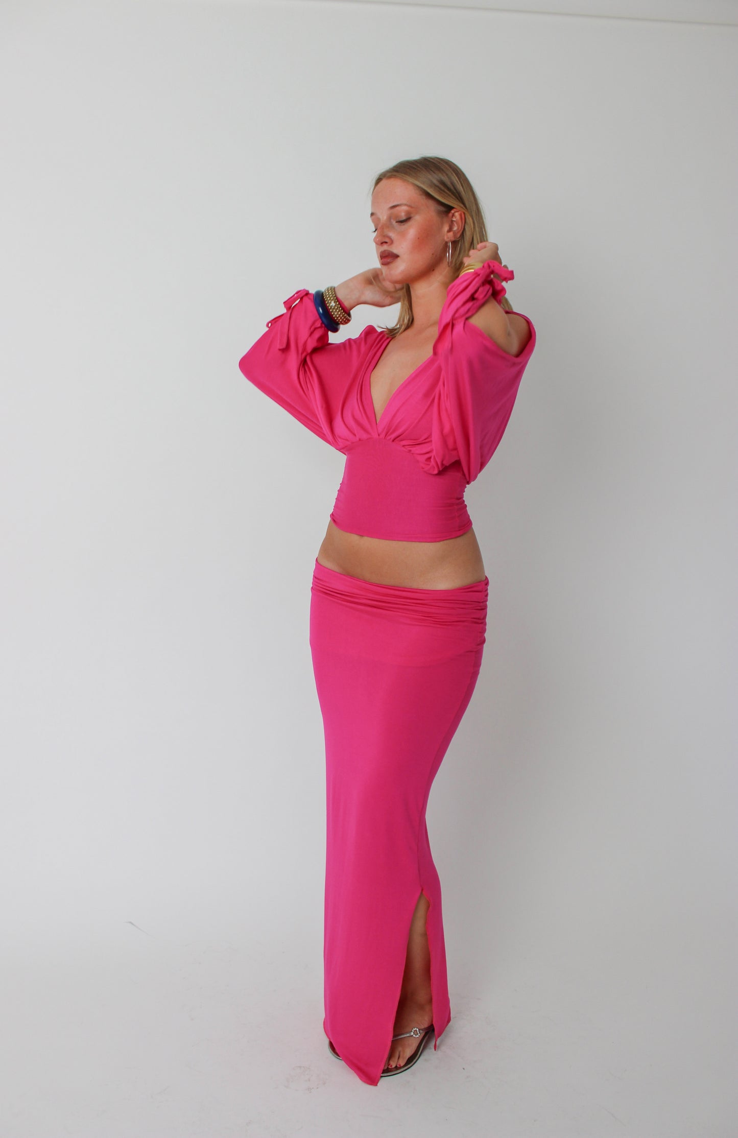 Hot Pink Long-sleeve Drape Top