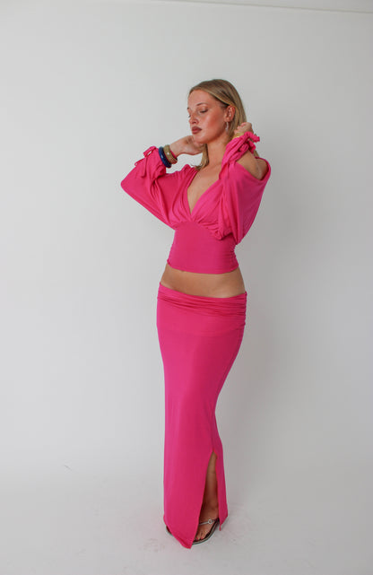 Hot Pink Long-sleeve Drape Top
