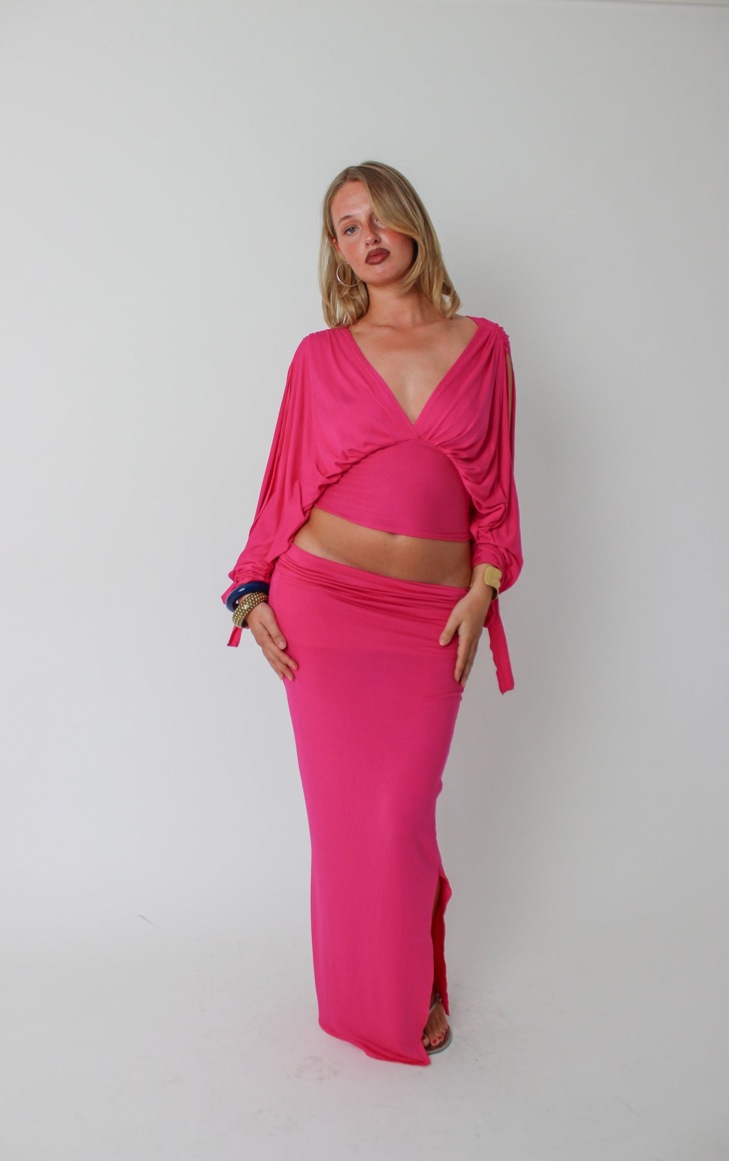 Hot Pink Long-sleeve Drape Top