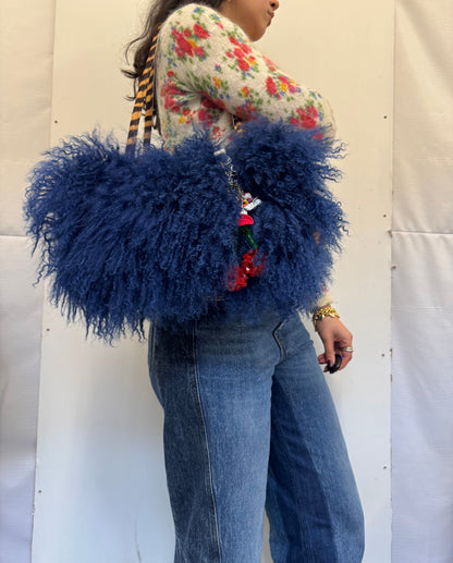 The Dark Blue & Zebra Mongolian Wool Bowler Bag