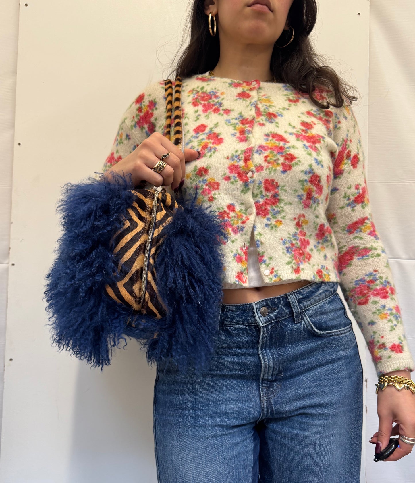 The Dark Blue & Zebra Mongolian Wool Bowler Bag