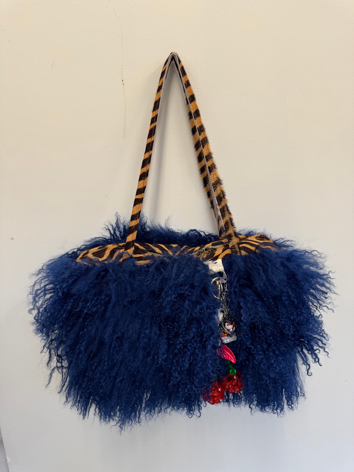 The Dark Blue & Zebra Mongolian Wool Bowler Bag