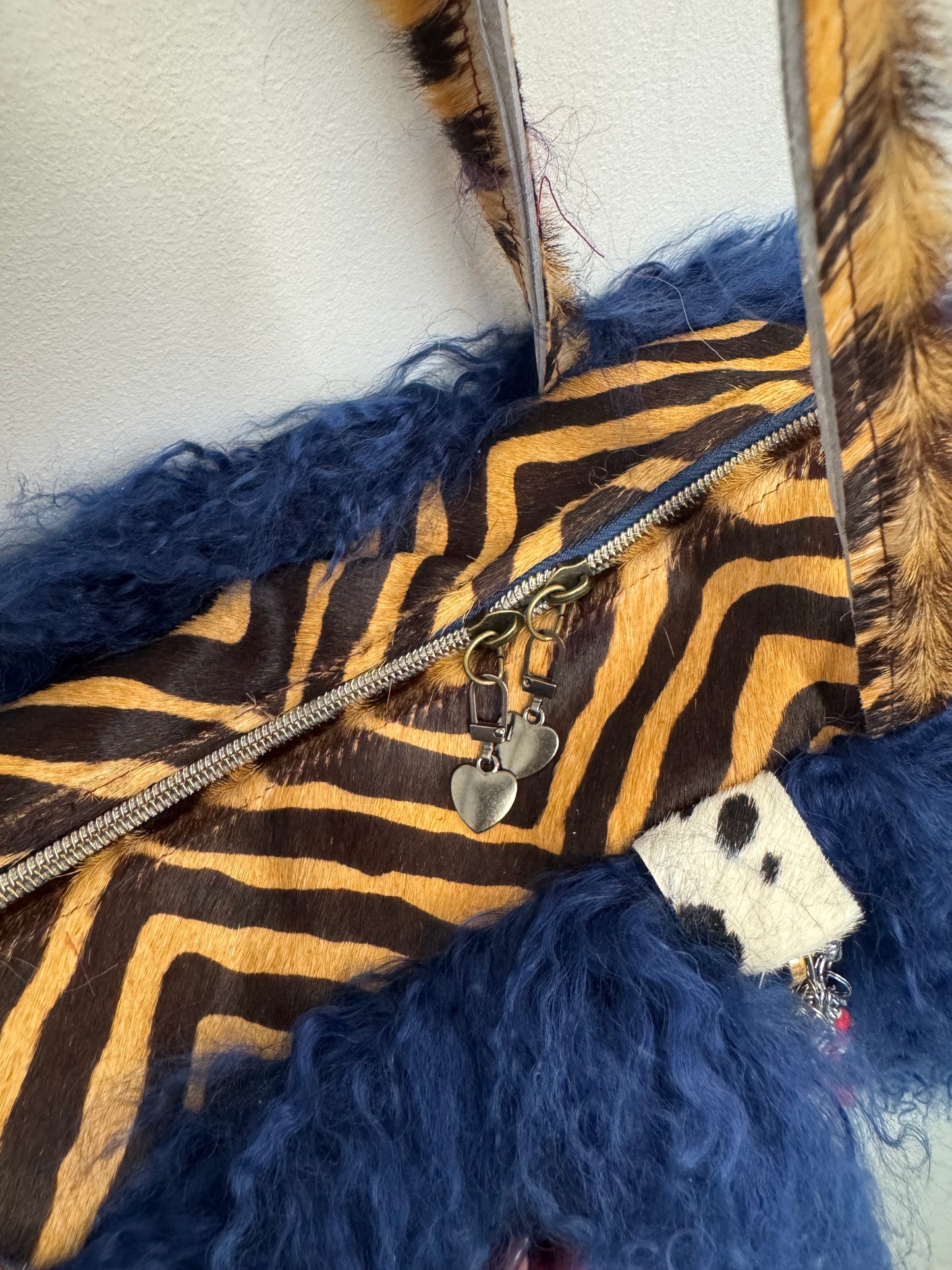 The Dark Blue & Zebra Mongolian Wool Bowler Bag