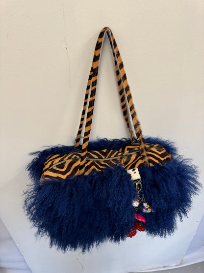 The Dark Blue & Zebra Mongolian Wool Bowler Bag