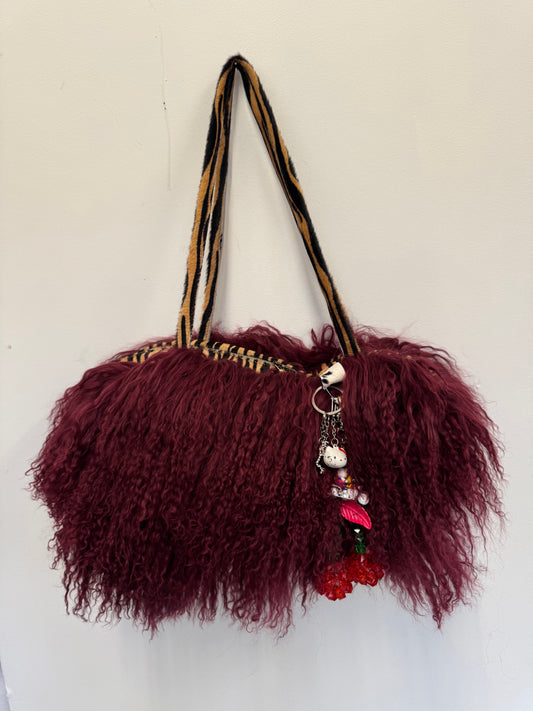 The Burgundy & Zebra Mongolian Wool Bowler Bag