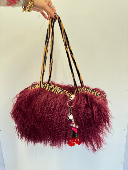 The Burgundy & Zebra Mongolian Wool Bowler Bag