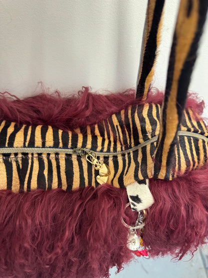 The Burgundy & Zebra Mongolian Wool Bowler Bag