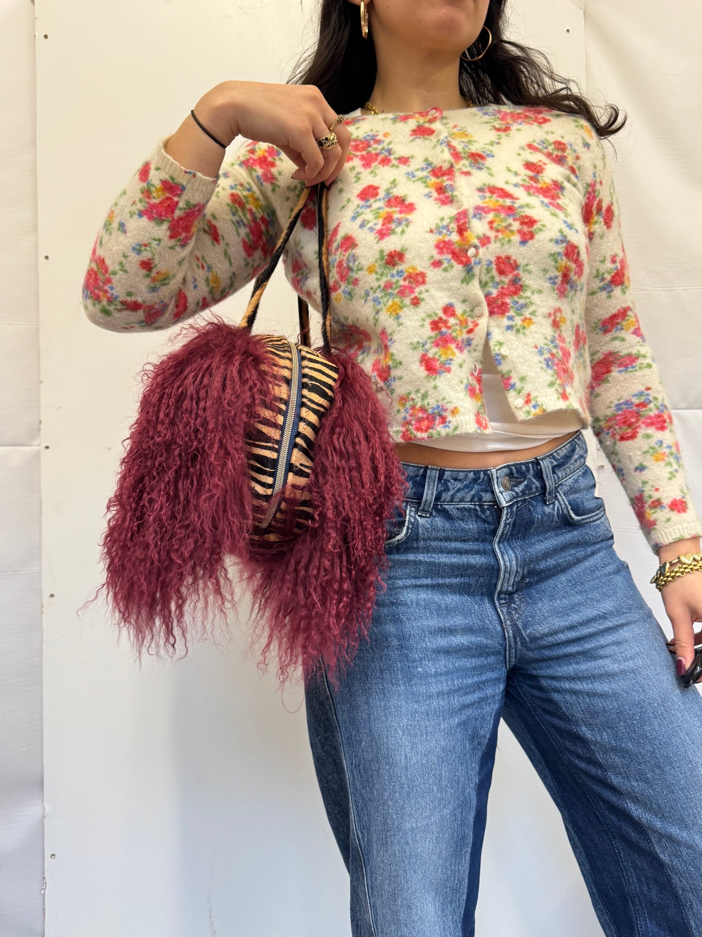 The Burgundy & Zebra Mongolian Wool Bowler Bag