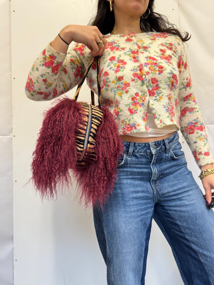The Burgundy & Zebra Mongolian Wool Bowler Bag
