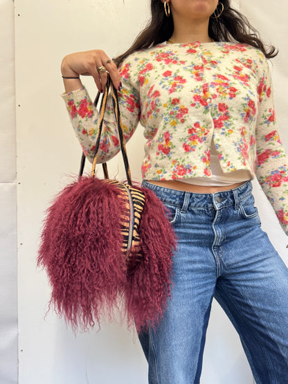 The Burgundy & Zebra Mongolian Wool Bowler Bag