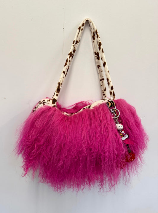 The Hot Pink & Deer Print Mongolian Wool Bowler Bag