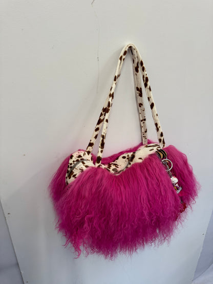 The Hot Pink & Deer Print Mongolian Wool Bowler Bag