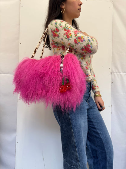 The Hot Pink & Deer Print Mongolian Wool Bowler Bag