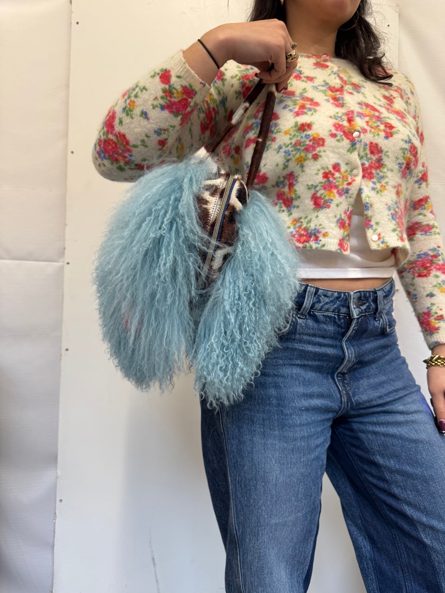 The Blue & Cow Print Mongolian Wool Bowler Bag