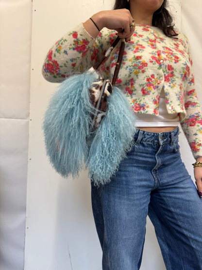The Blue & Cow Print Mongolian Wool Bowler Bag