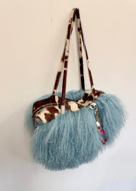 The Blue & Cow Print Mongolian Wool Bowler Bag