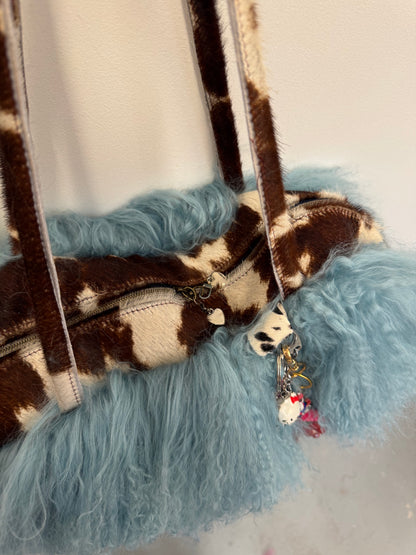 The Blue & Cow Print Mongolian Wool Bowler Bag