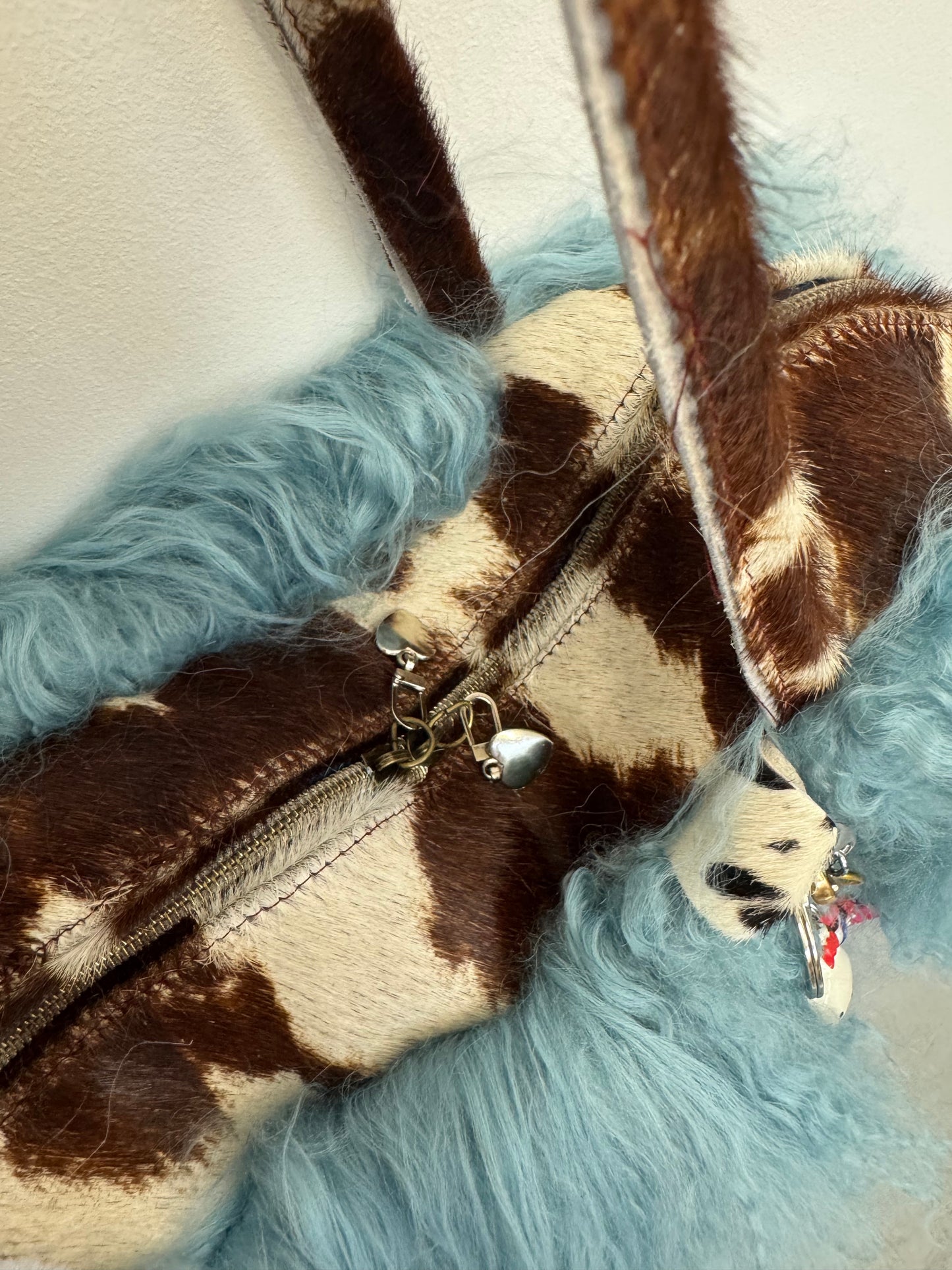 The Blue & Cow Print Mongolian Wool Bowler Bag