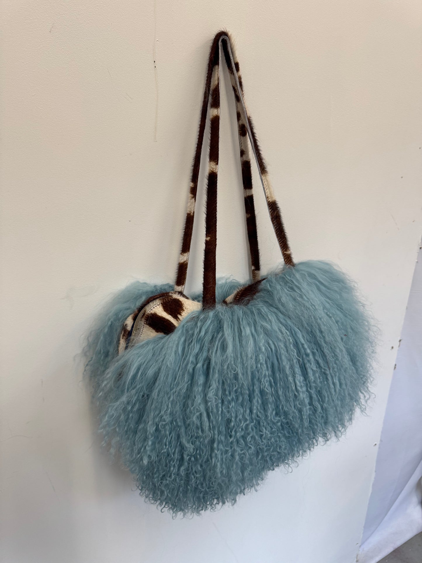 The Blue & Cow Print Mongolian Wool Bowler Bag