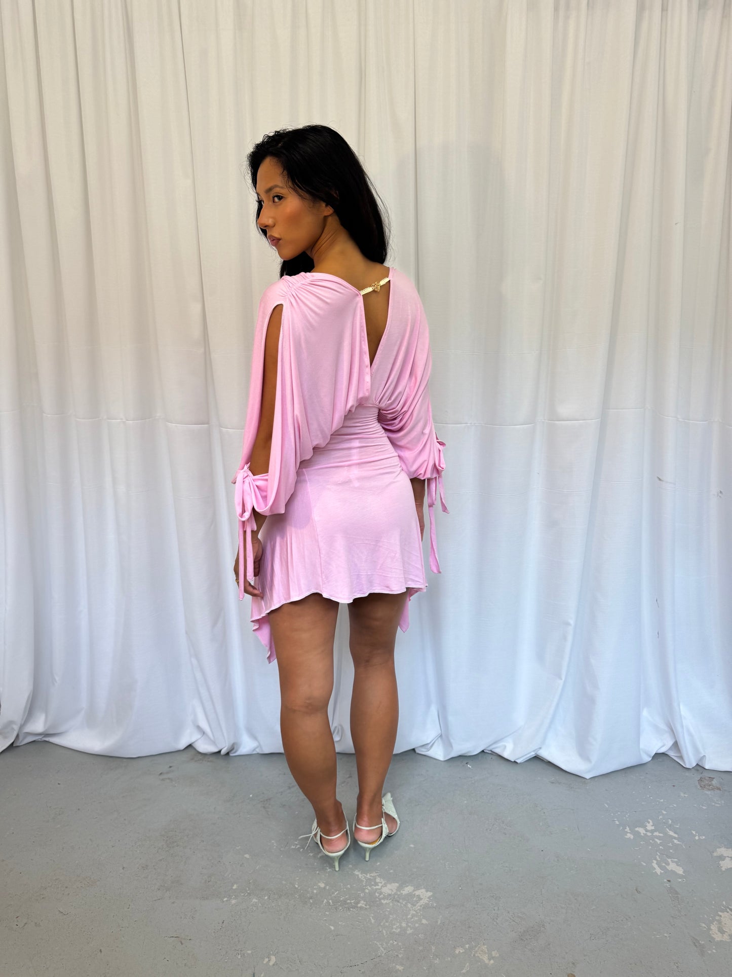 Baby Pink Long-sleeve Drape Dress