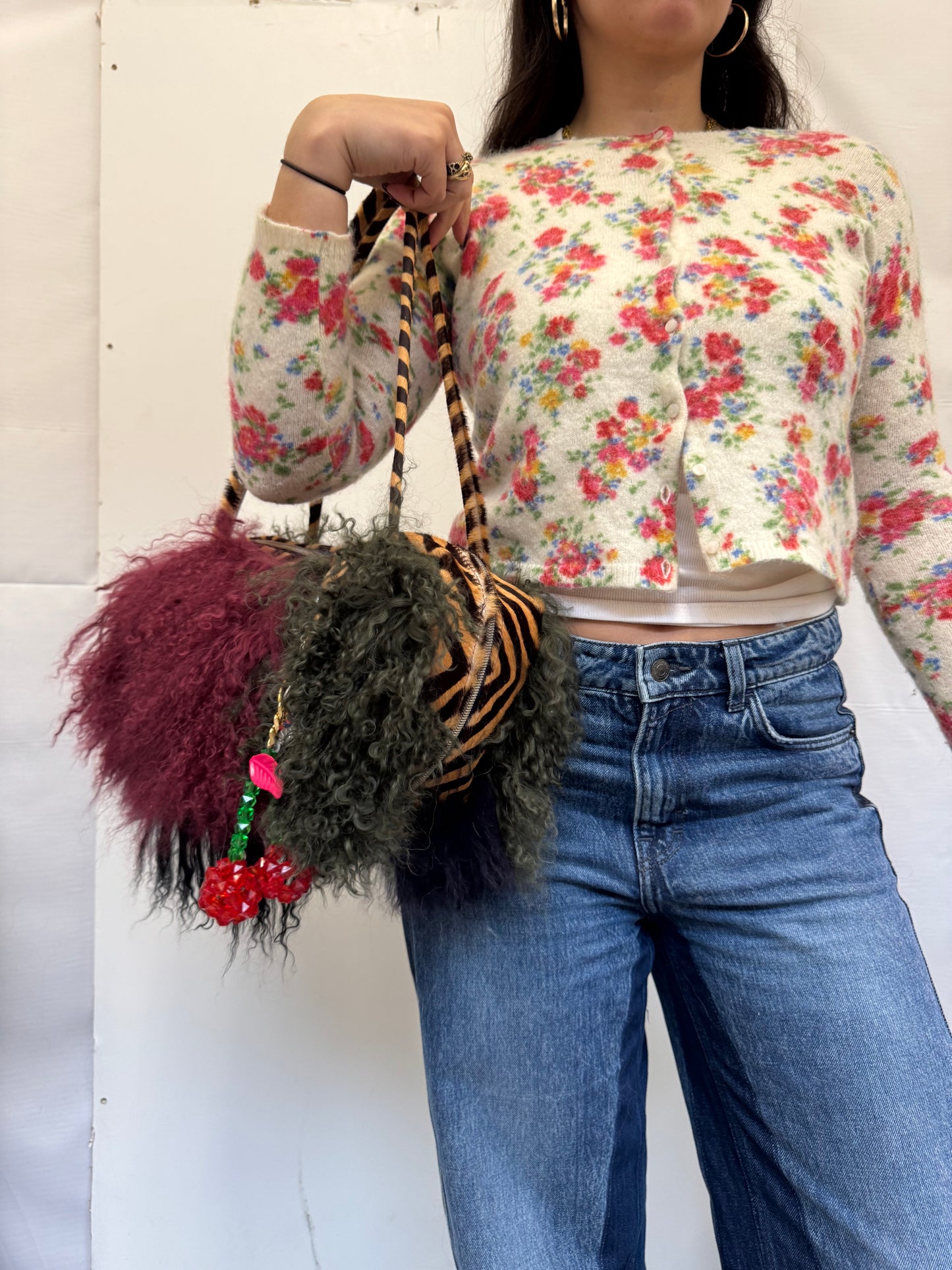 The Burgundy Patchwork Mongolian Wool Bowler Bag