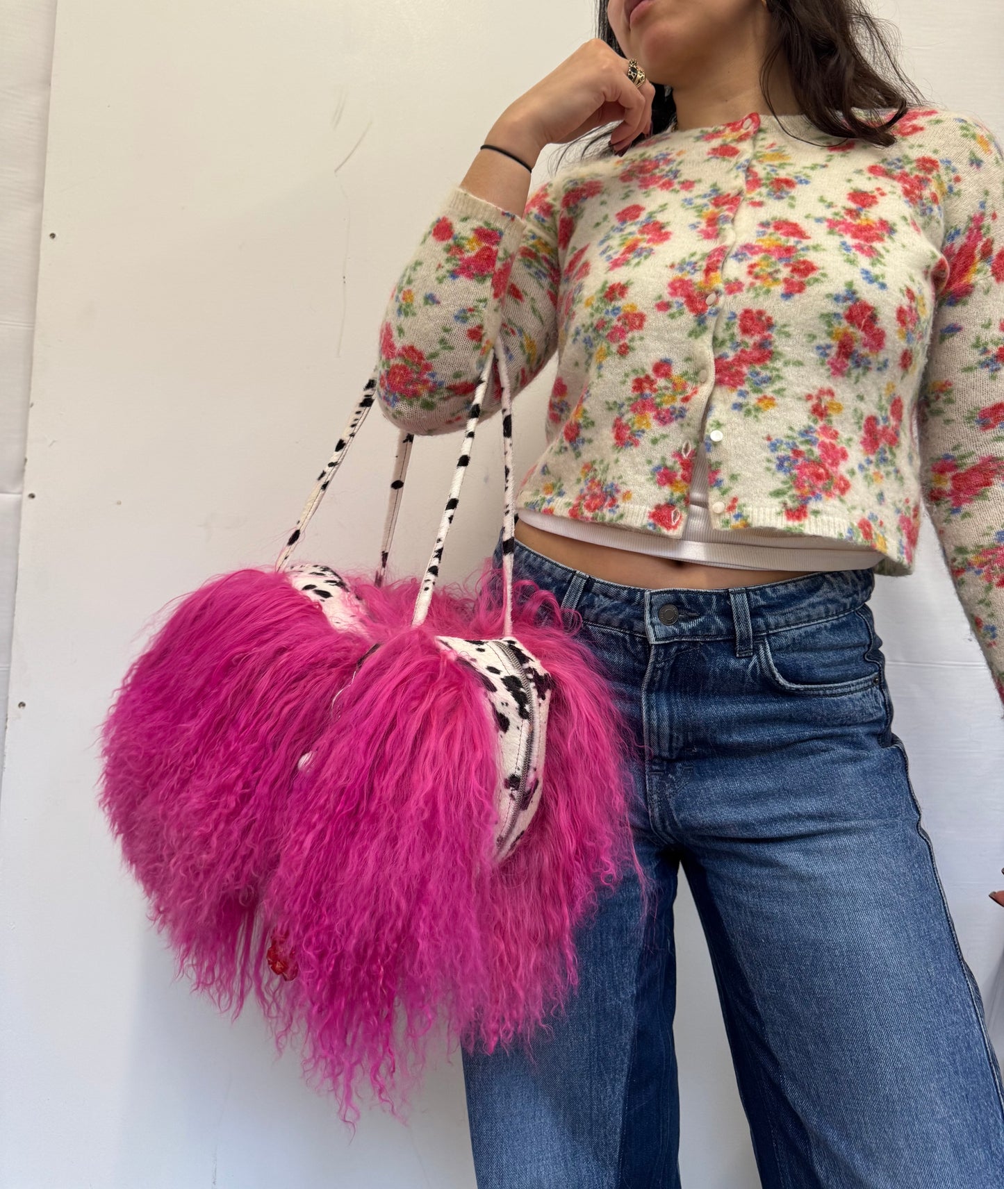 The Hot Pink & Dalmatian Mongolian Wool Bowler Bag