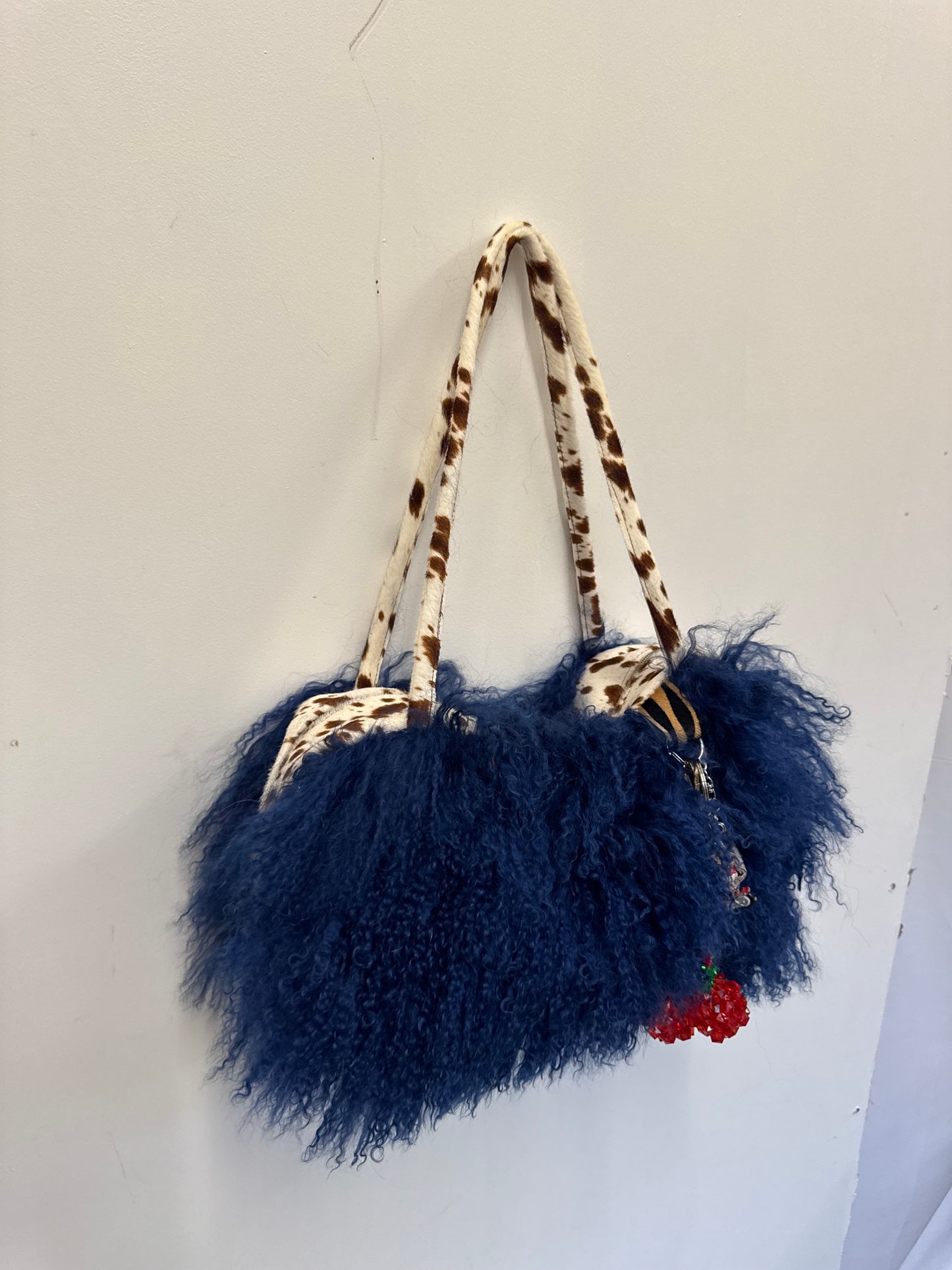 The Dark Blue & Deer Print Mongolian Wool Bowler Bag