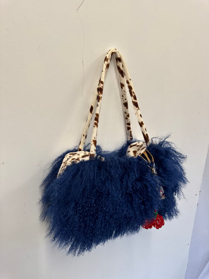 The Dark Blue & Deer Print Mongolian Wool Bowler Bag