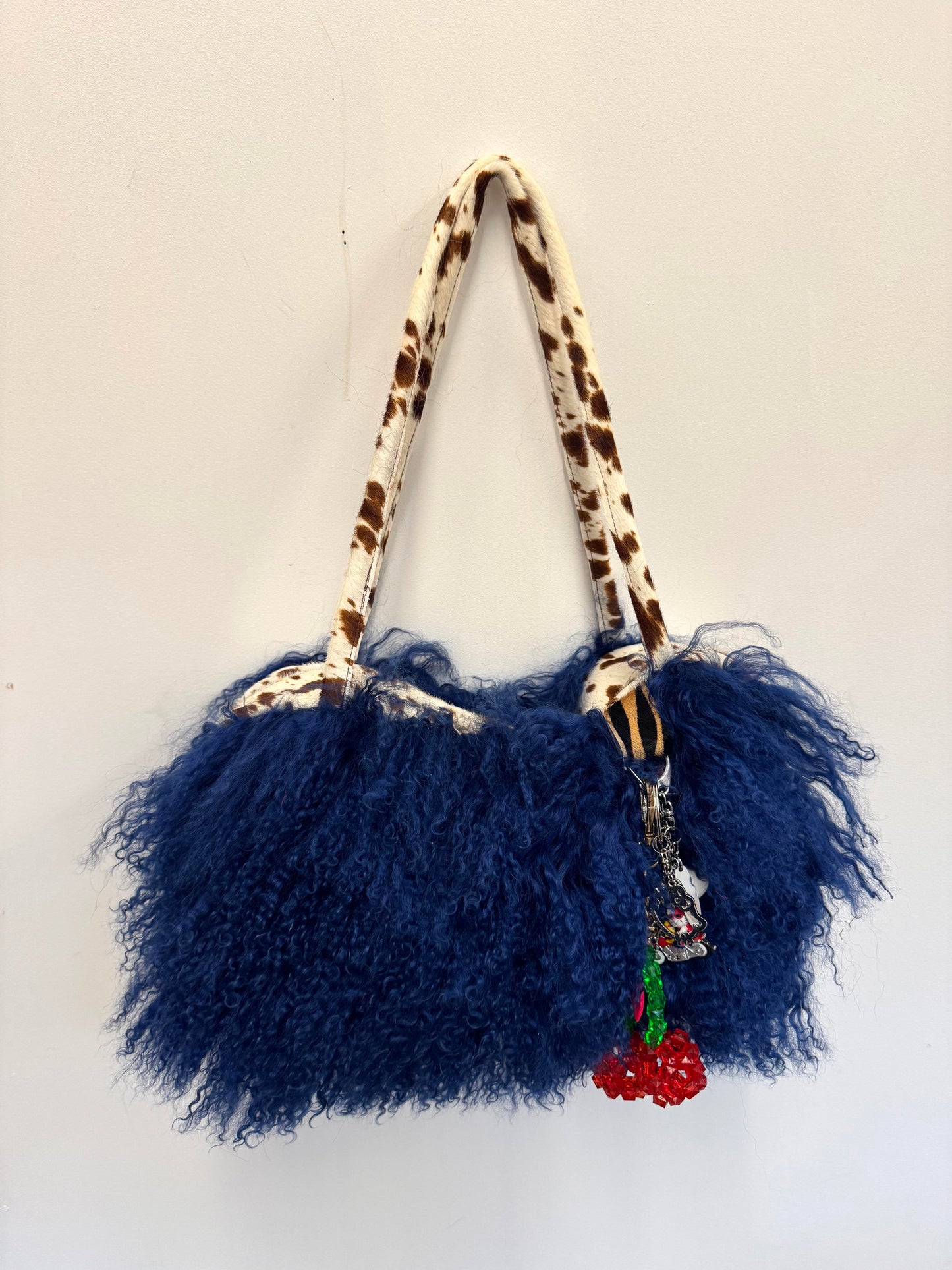 The Dark Blue & Deer Print Mongolian Wool Bowler Bag