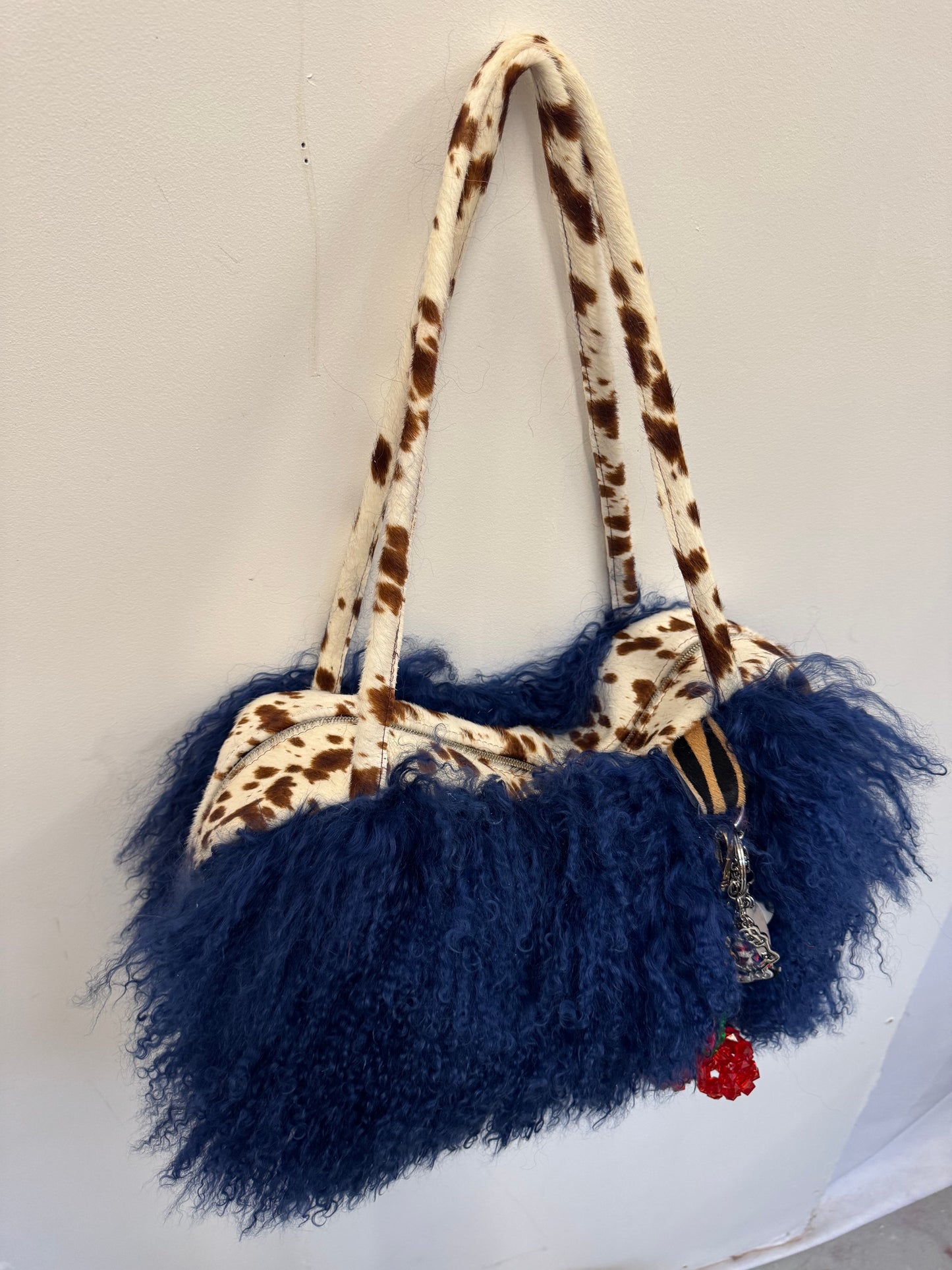 The Dark Blue & Deer Print Mongolian Wool Bowler Bag