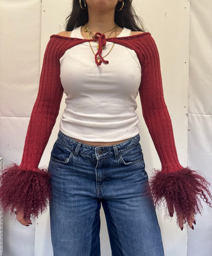 Dark Red Fluffy Knit Sleeves - 1/1 piece