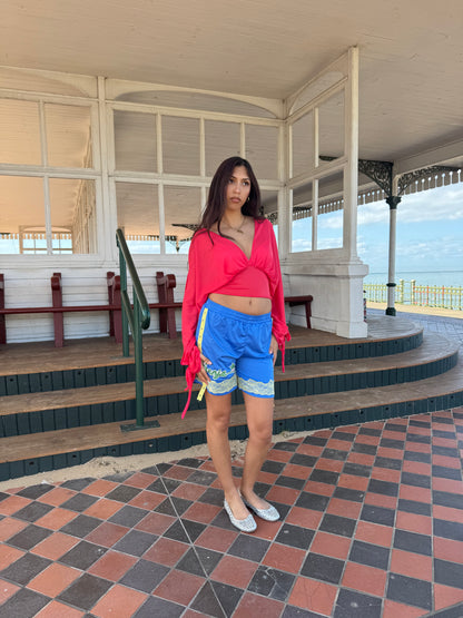 Blue Shorts with Yellow Lace