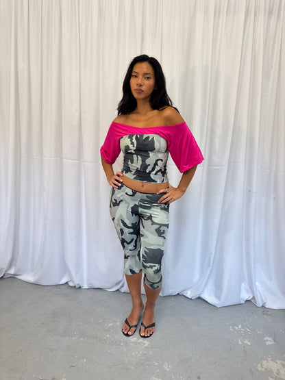 Camo and Pink Off-shoulder Top
