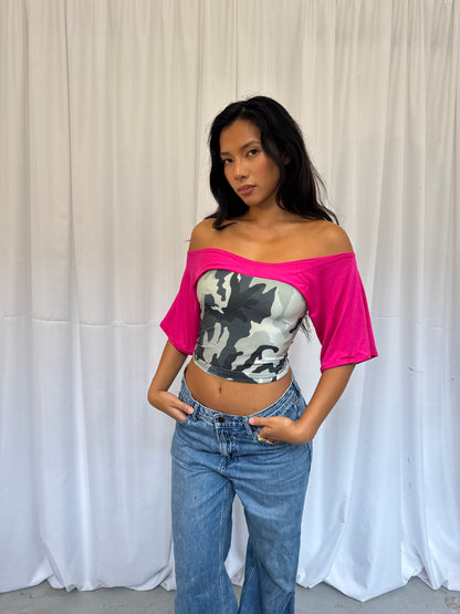Camo and Pink Off-shoulder Top