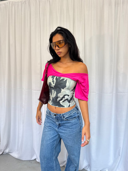 Camo and Pink Off-shoulder Top