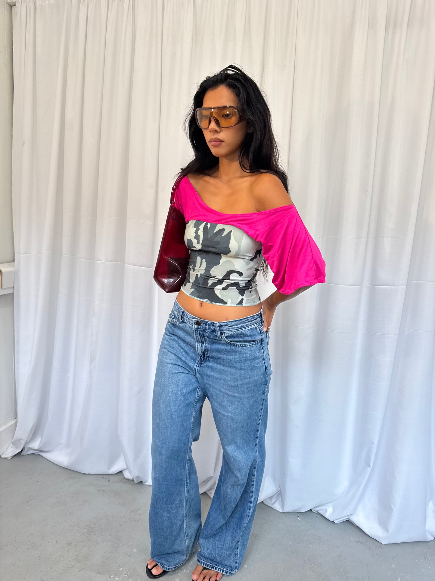 Camo and Pink Off-shoulder Top