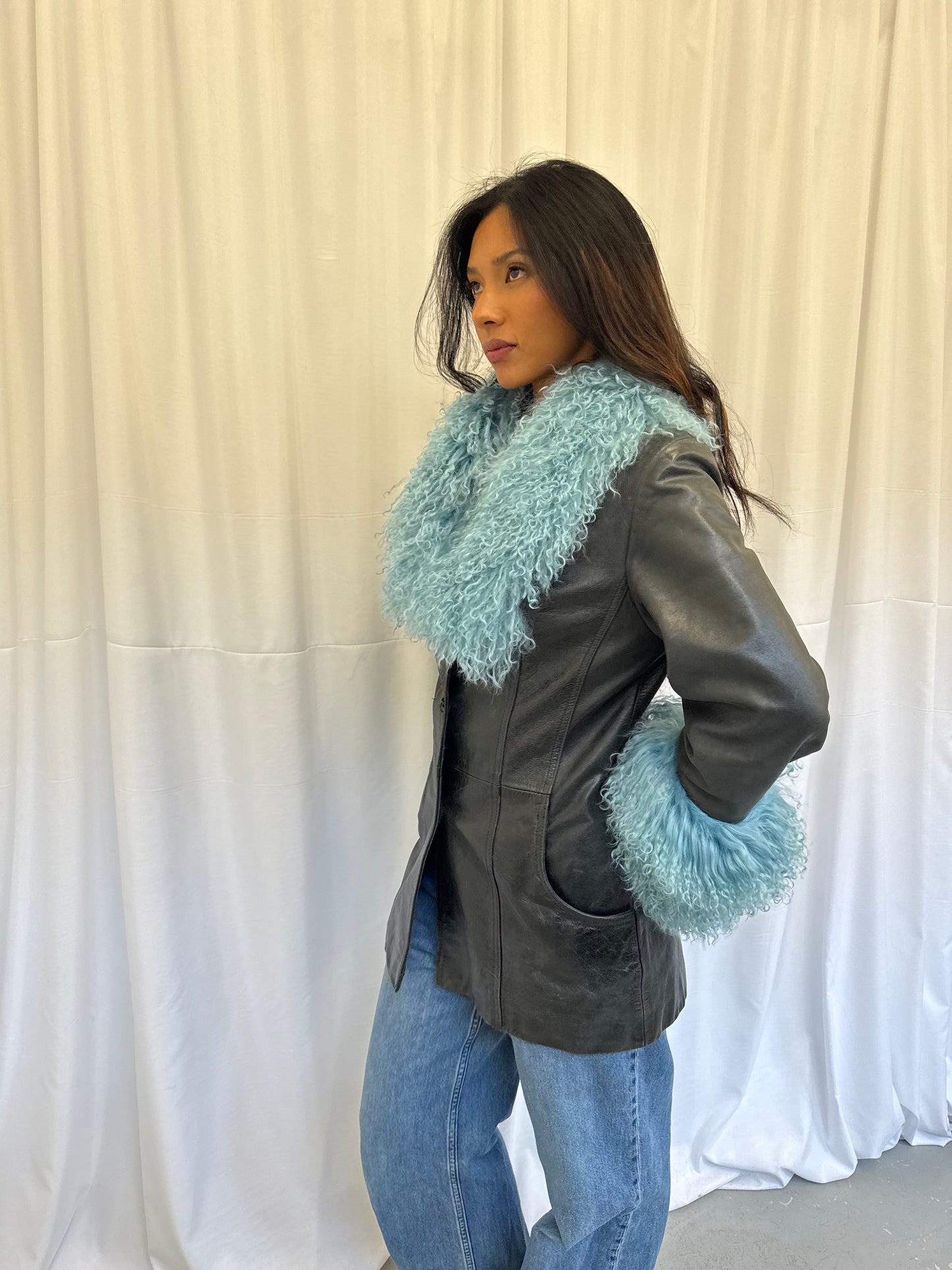 Black and blue leather jacket