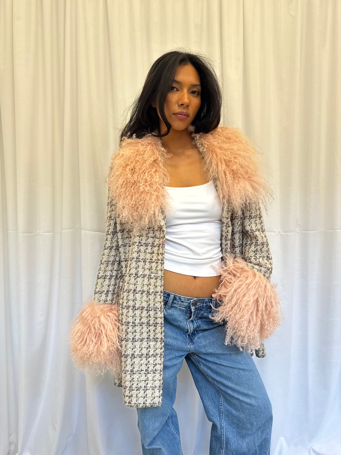 Pink Tweed Jacket with Baby Pink Fluff