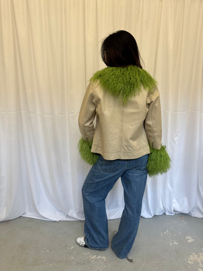 Cream and Green Leather Jacket