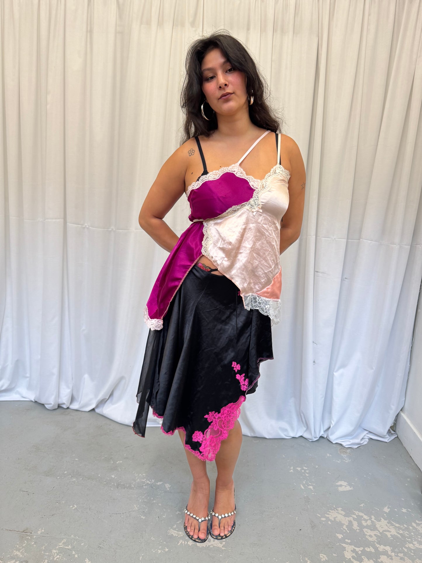Upcycled purple and baby pink asymmetric top