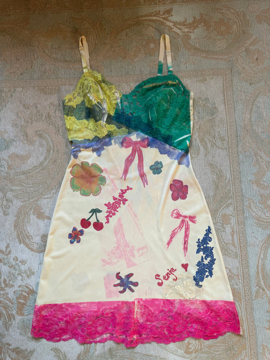 Green and pink slip dress