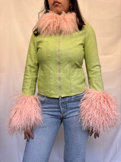 Green and Baby Pink Leather Jacket