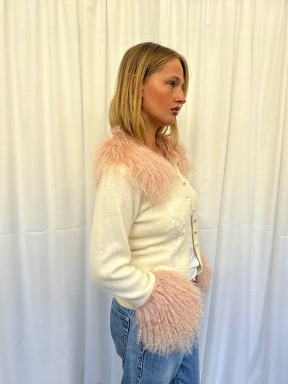Cream and Baby Pink Angora Cardie
