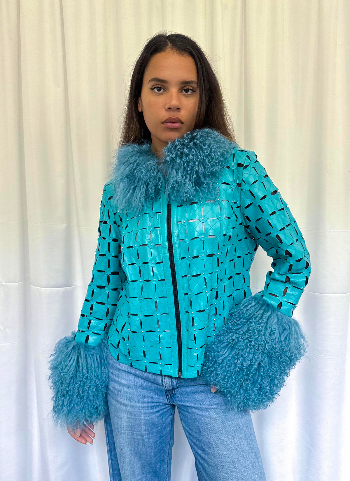 Teal Cut-Out Leather Jacket
