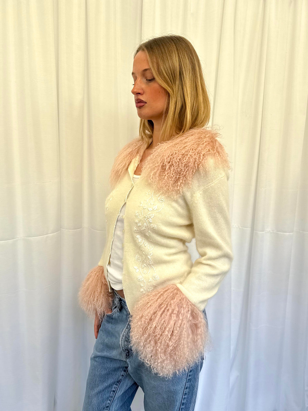 Cream and Baby Pink Angora Cardie